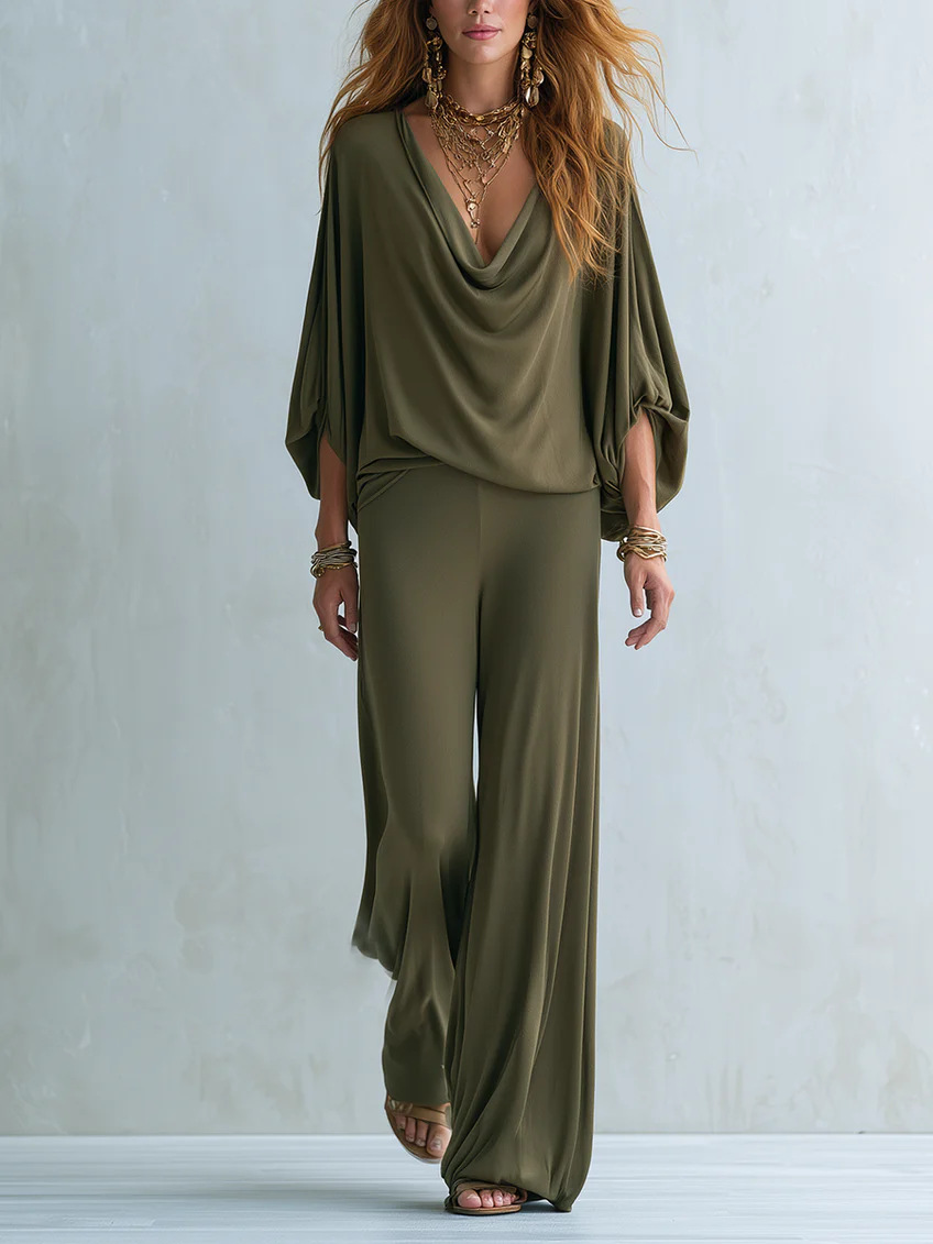 Bohemian Solid Color Cowl Neck Batwing Sleeve Top and Wide-Leg Pants Set