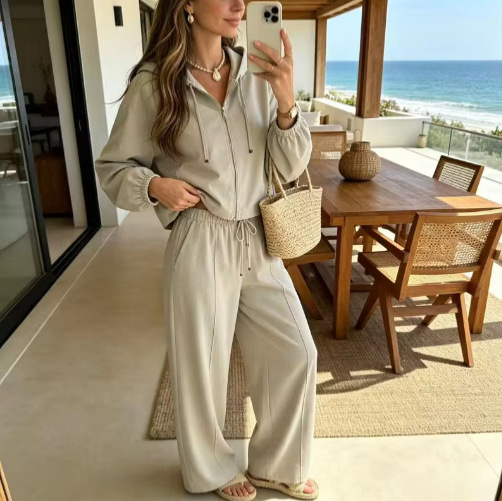 Women's Hooded Bomber Jacket and Wide-Leg Pants Set