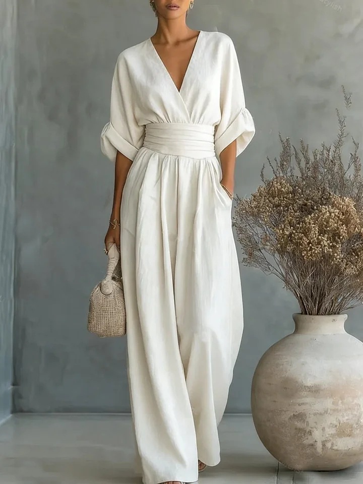 Elegant V-Neck Waist-Cinching Jumpsuit
