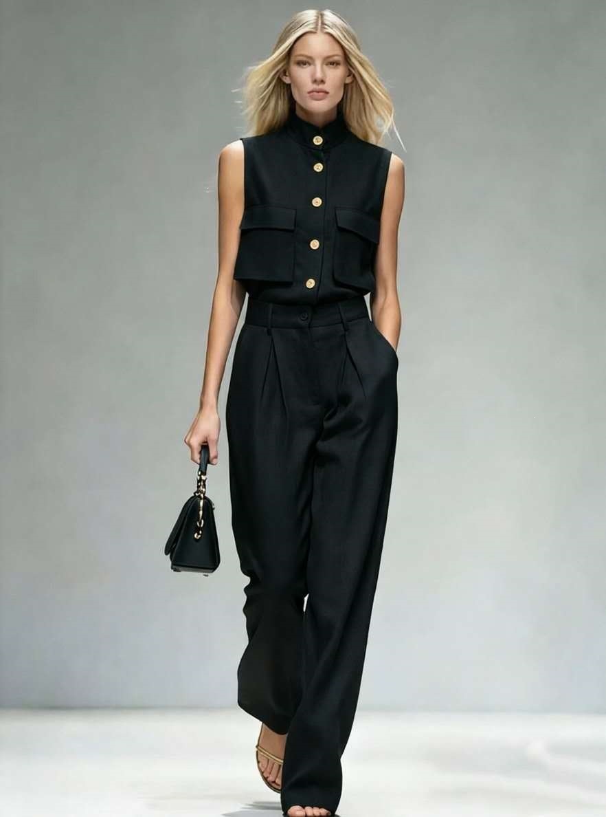 Women's Sleeveless Vest and Wide-Leg Pants Set Solid Color Two-Piece