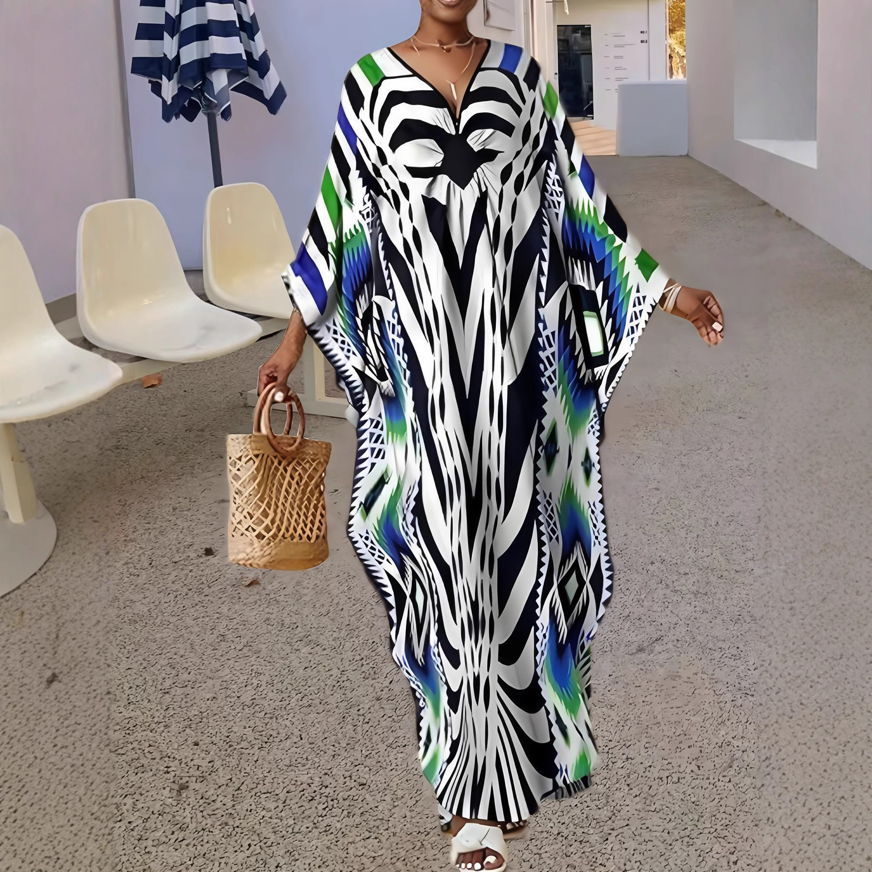 Women's Loose V-Neck Printed Long Sleeve Maxi Robe