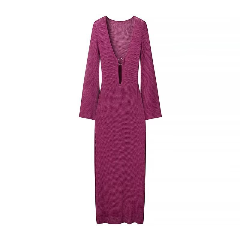 V-Neck Bell Sleeve Pleated Long Dress