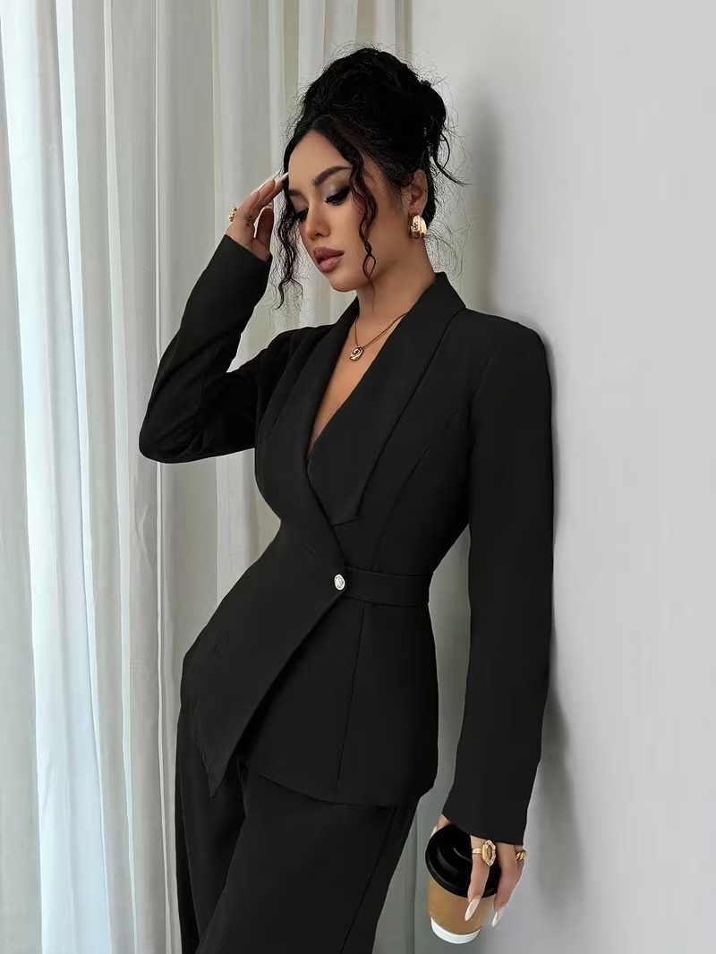 Women's Solid V-Neck Long Blazer and Wide-Leg Pants Two-Piece Set