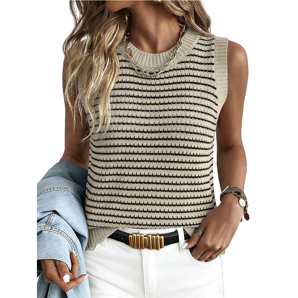 Women's Sleeveless Striped Knit Tank Top Crew Neck Hollow Out Sweater Vest