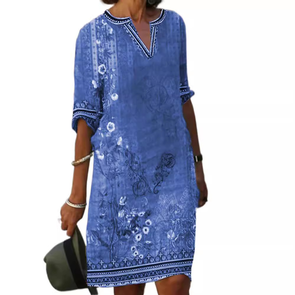 Women's Ethnic Floral Print V-Neck Casual Long Dress