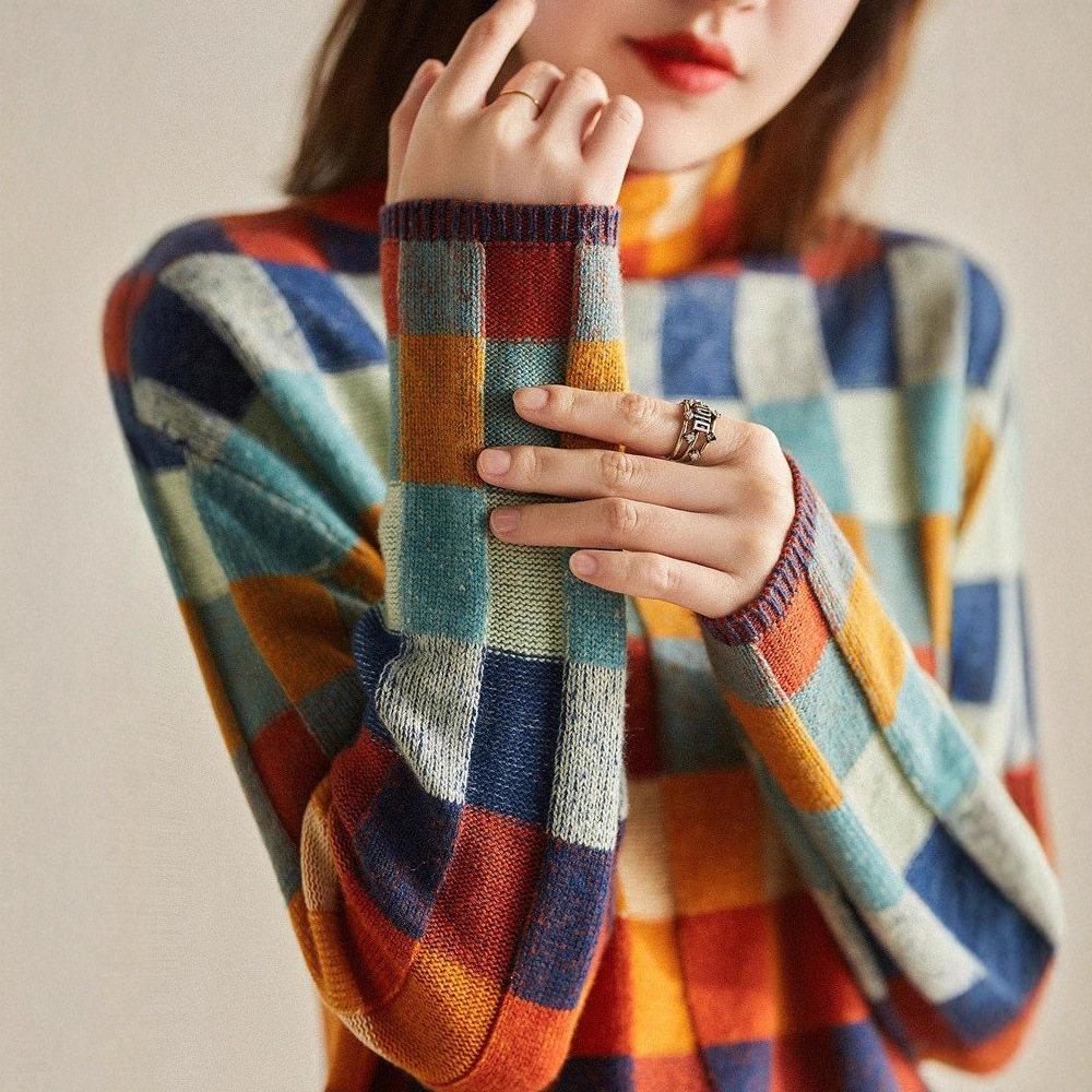 Colorful Checkered Turtleneck Knit Sweater for Women Long Sleeve Pullover