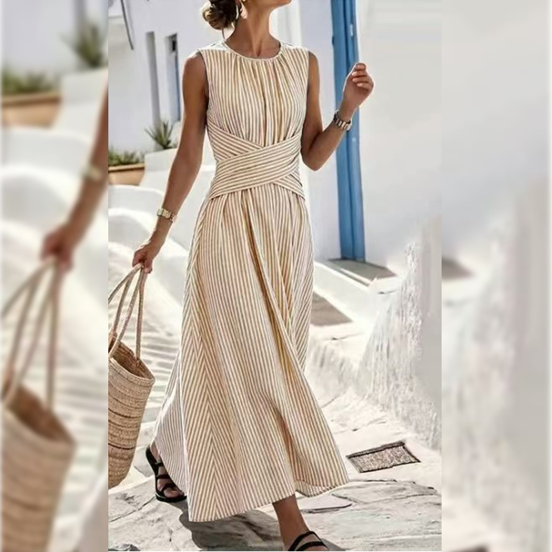 Women's Striped Cross Ruched Long Dress Sleeveless High Waist Casual Vacation
