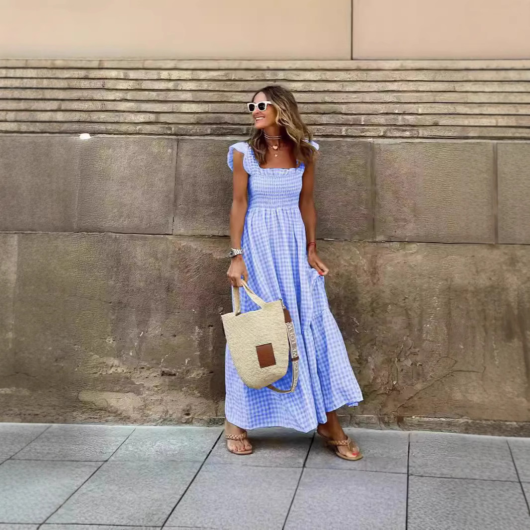 Plaid Patchwork Sleeveless Maxi Dress with Elastic Waist