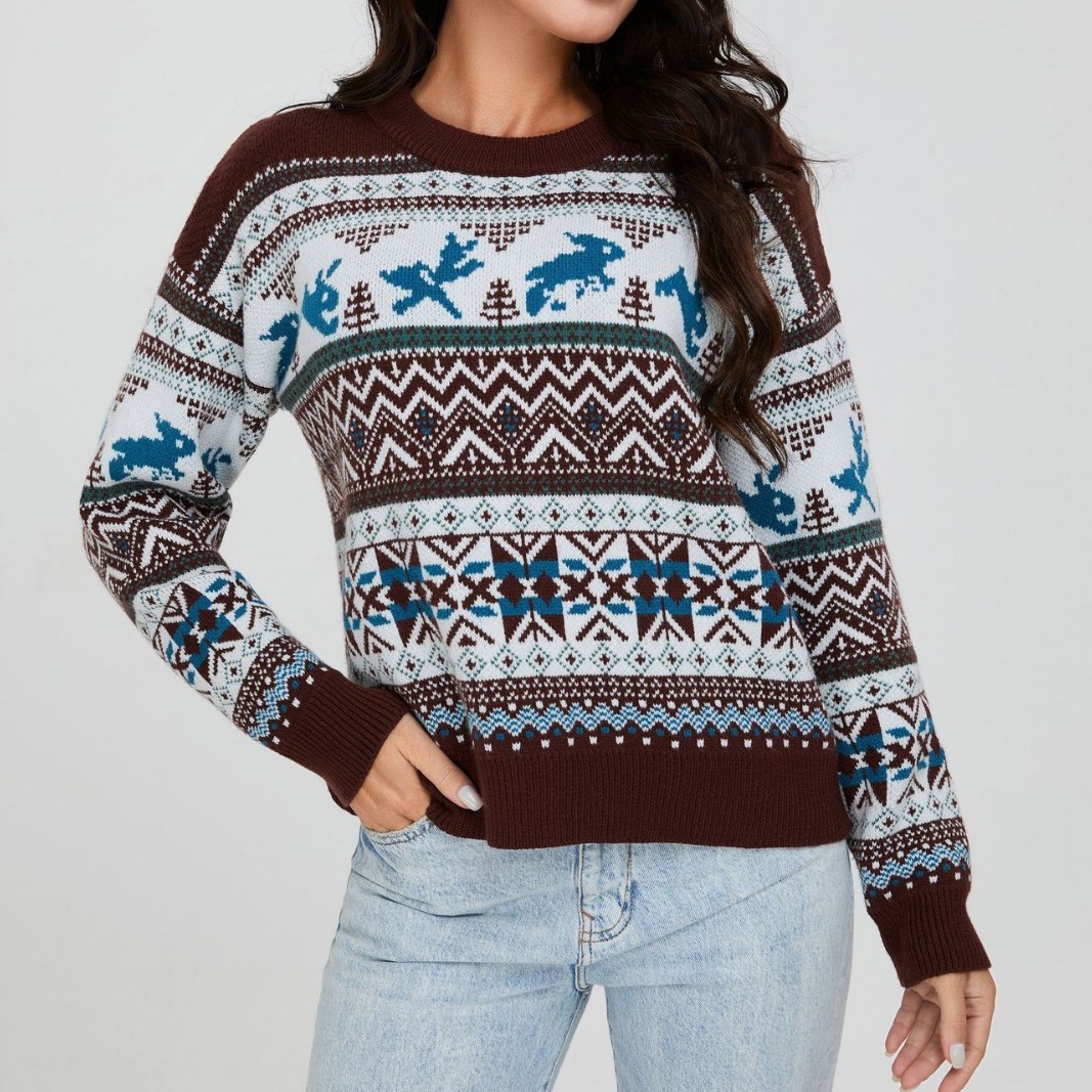 Rabbit Pattern Pullover Sweater Loose Knit Top