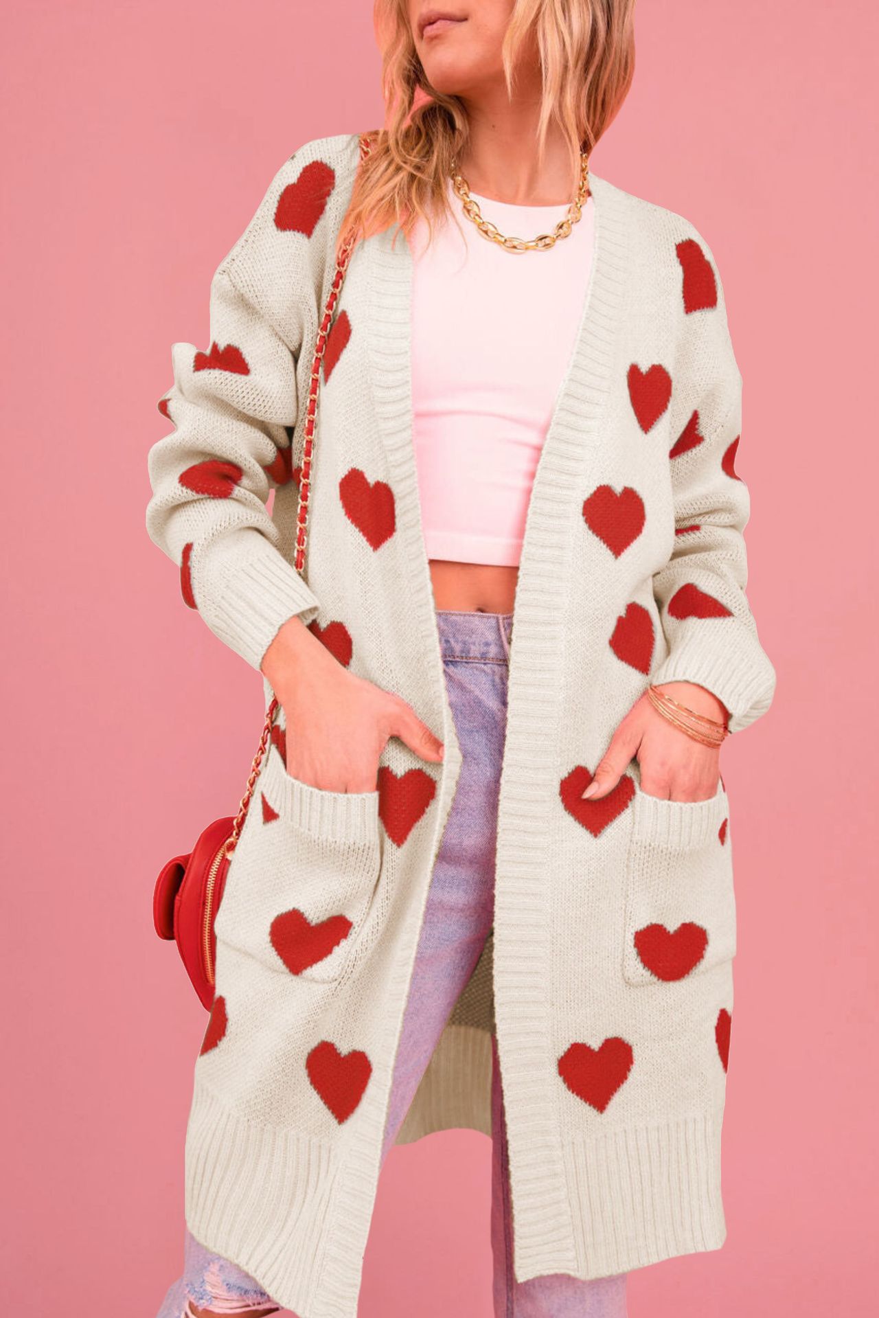Heart Jacquard Knit Midi Cardigan Sweater Coat Women's Plus Size