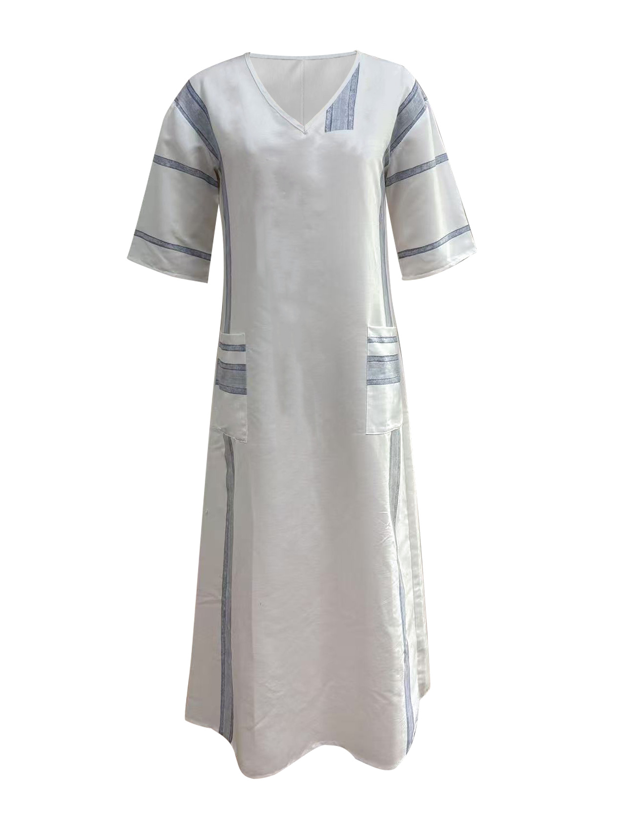 Boho A-Line Striped Midi Shirt Dress V-Neck 3/4 Sleeve Loose Fit