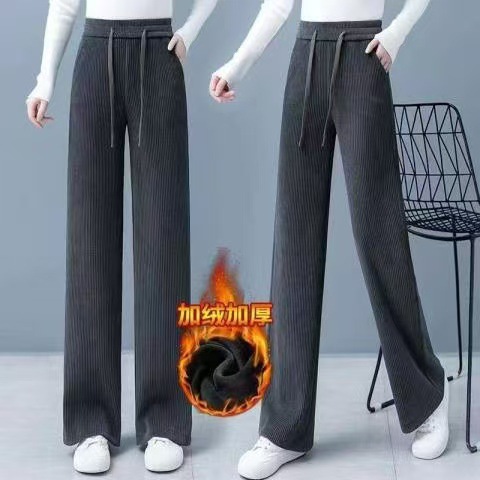 Fleece-Lined Corduroy Wide-Leg Pants High Waist Straight Drapey