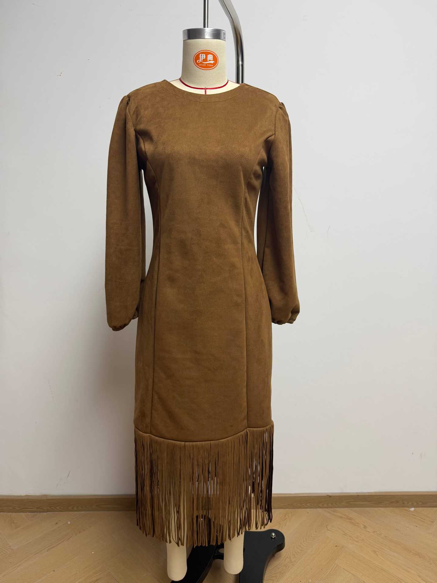Suede Western Fringe Long Sleeve Midi Dress