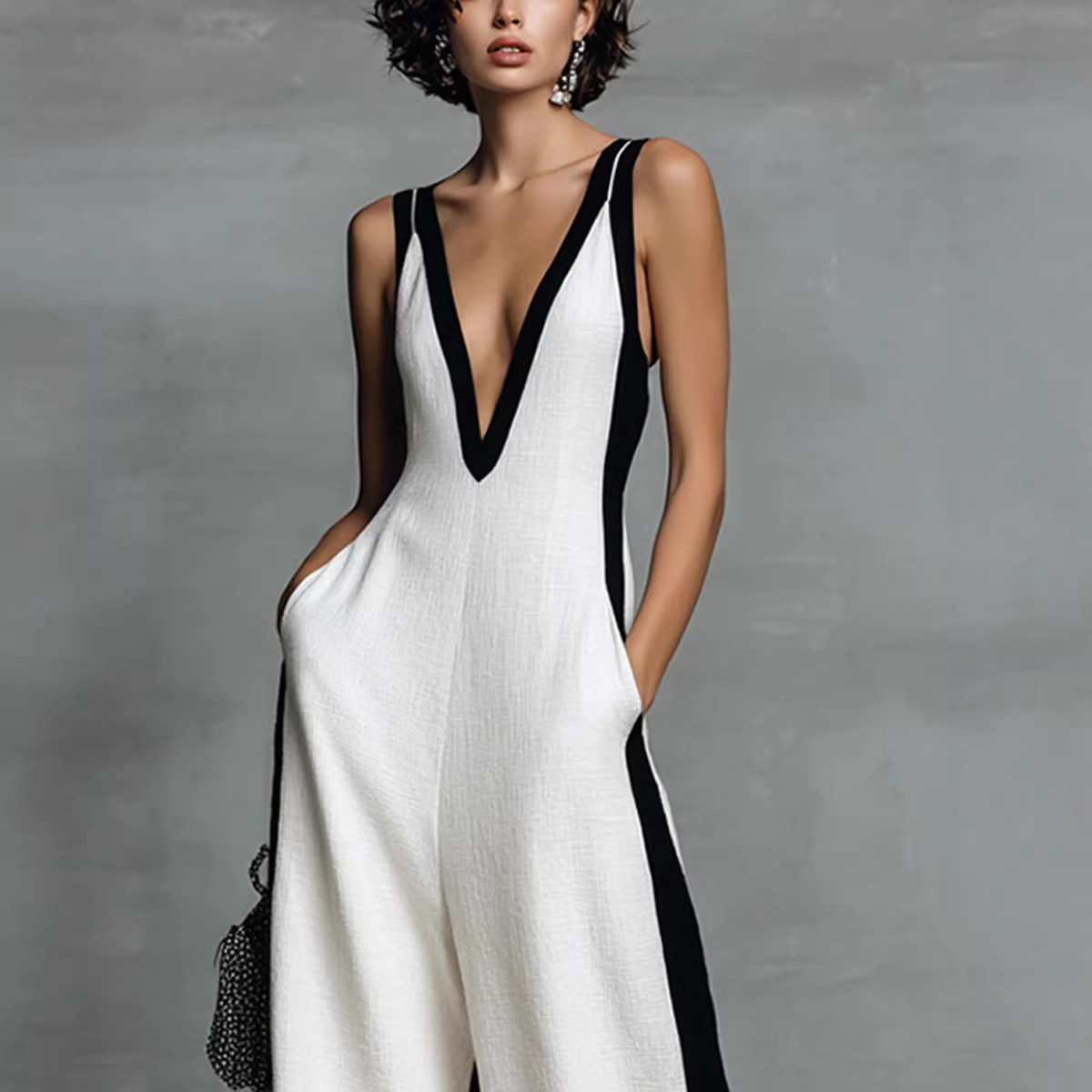 Sleeveless V-Neck Colorblock Wide-Leg Jumpsuit