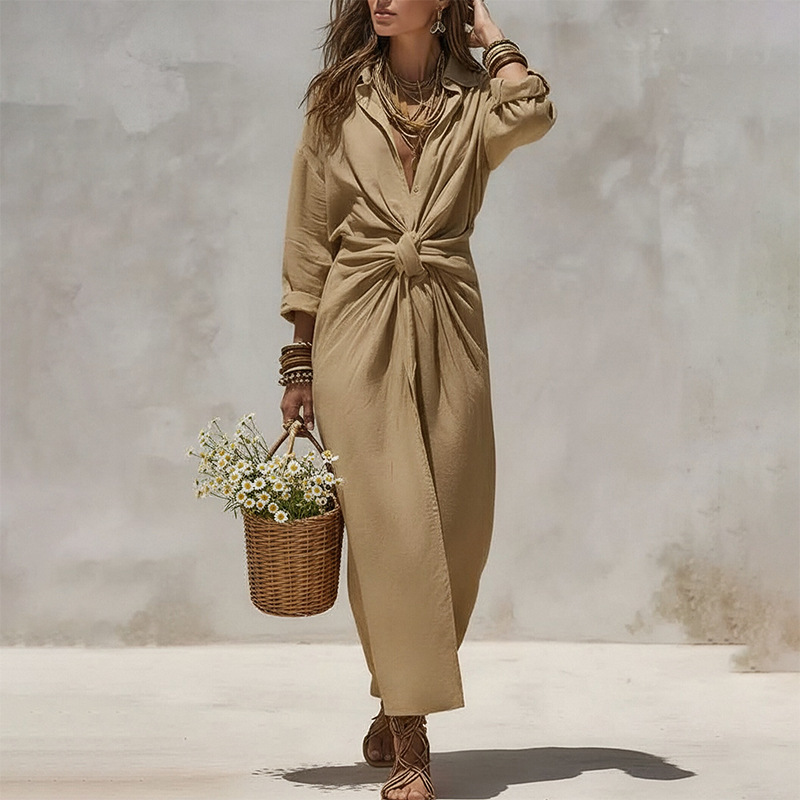 Women's Solid V-Neck Knot Slit Midi Dress