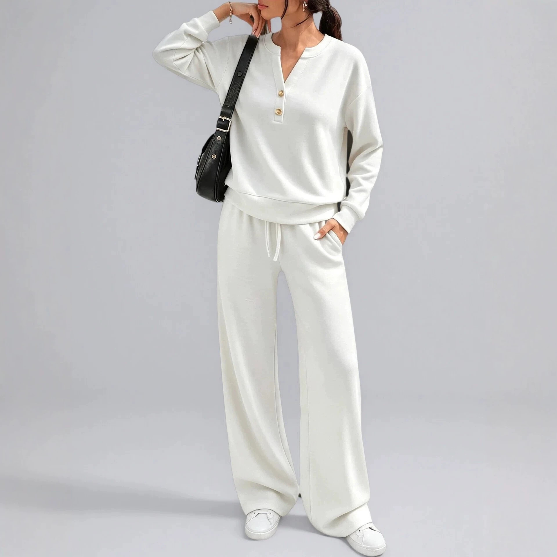 Women's Solid V-Neck Loose Wide-Leg Two-Piece Pants Set