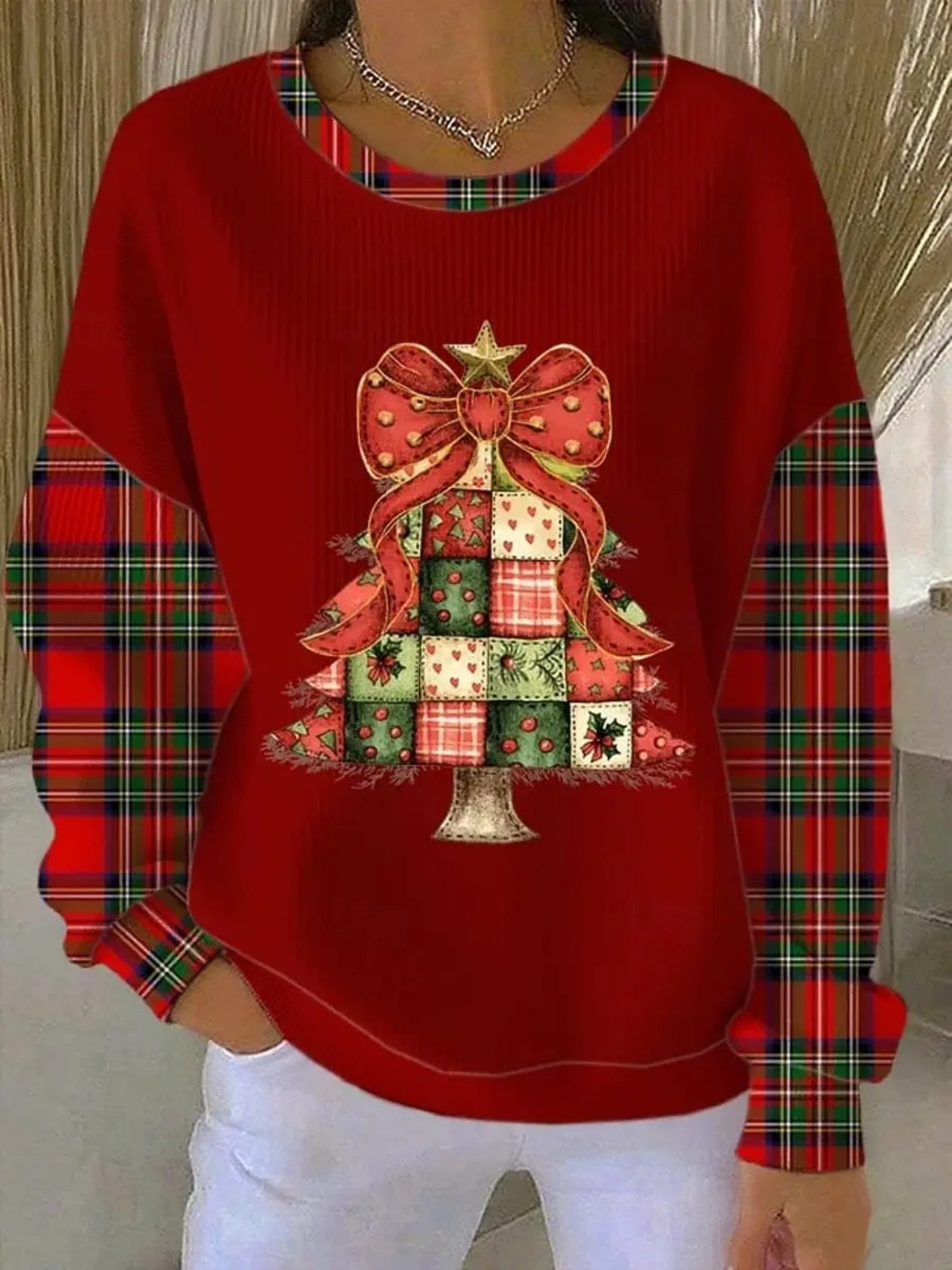 Women's Christmas Bow Plaid Print Crewneck Sweatshirt