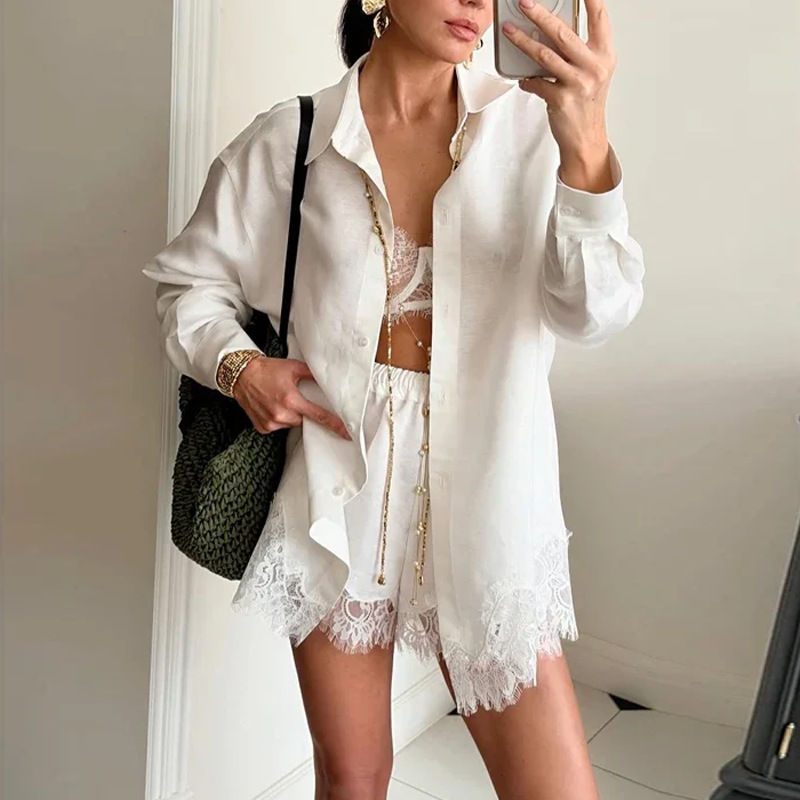 Women's Casual Solid Lace Spliced Shorts Set Long Sleeve Cardigan Two-Piece