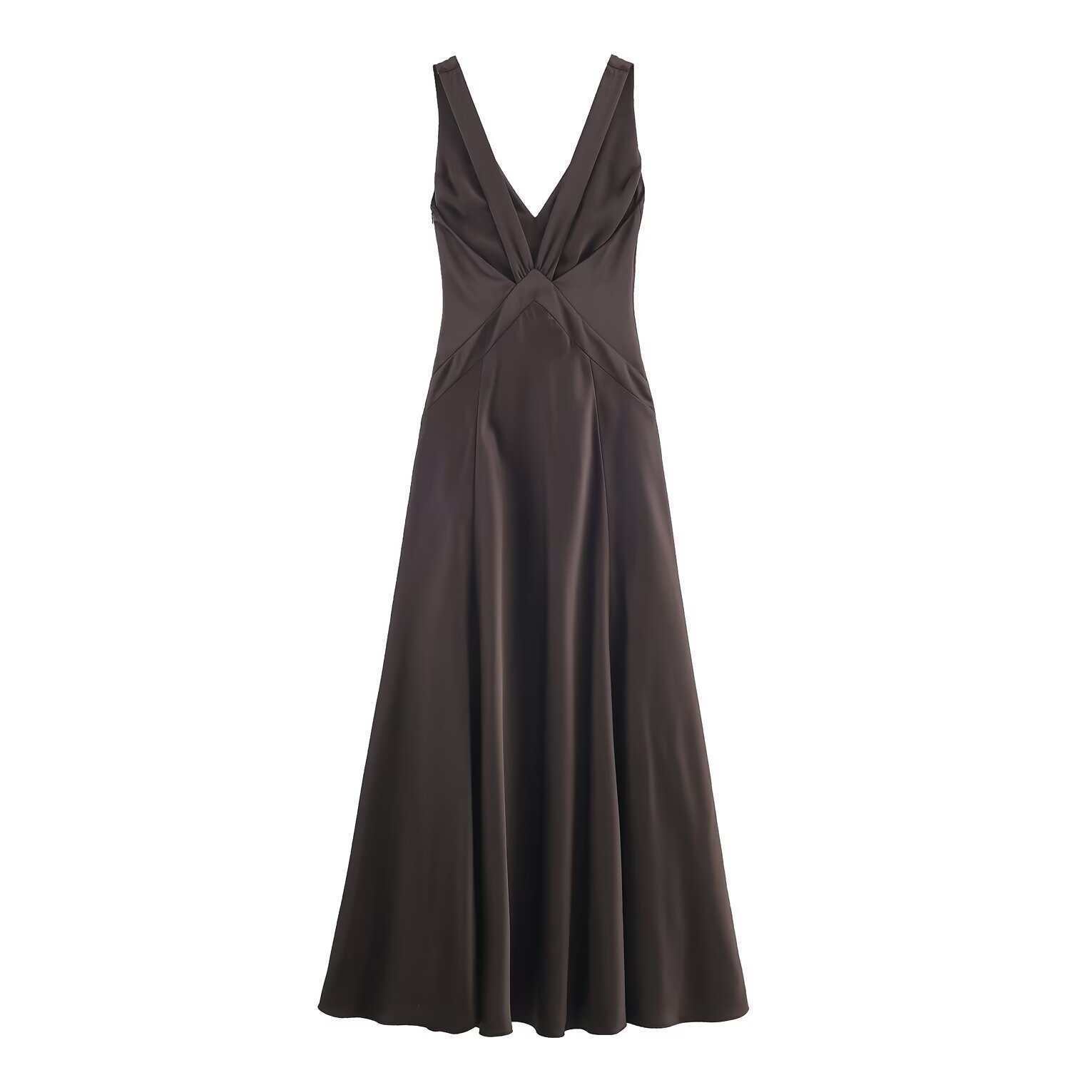 Women's Satin Midi Dress V-Neck Sleeveless High Waist Bodycon