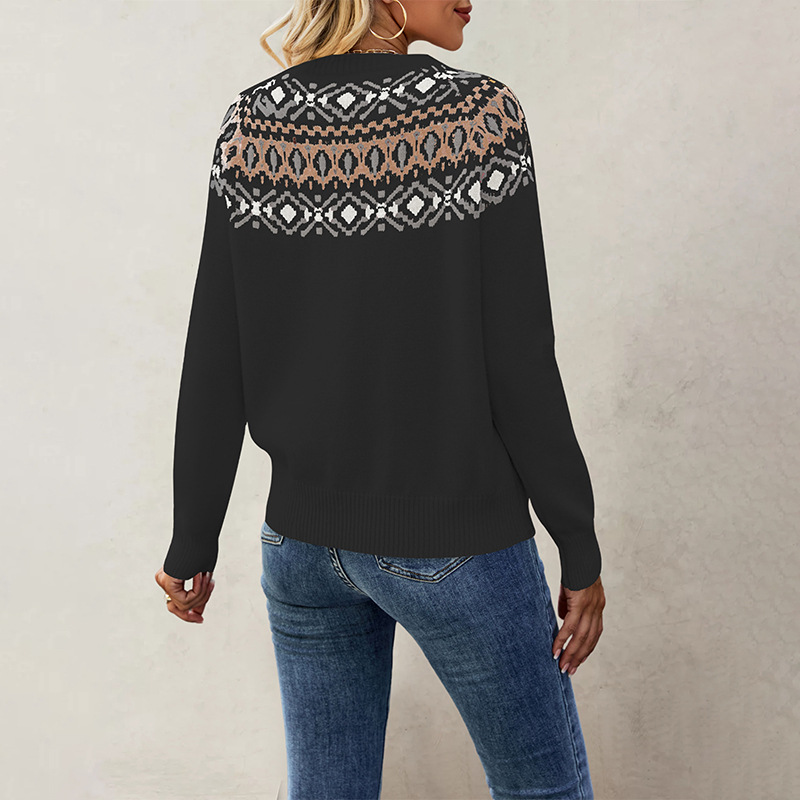 Women's Jacquard Knit Sweater Retro Crewneck Pullover