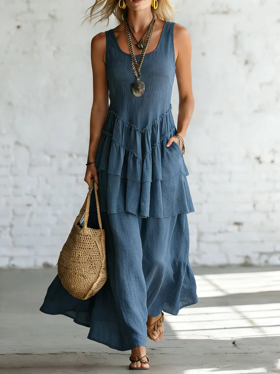 Women's Sleeveless Cotton Linen Dress with Flared Skirt