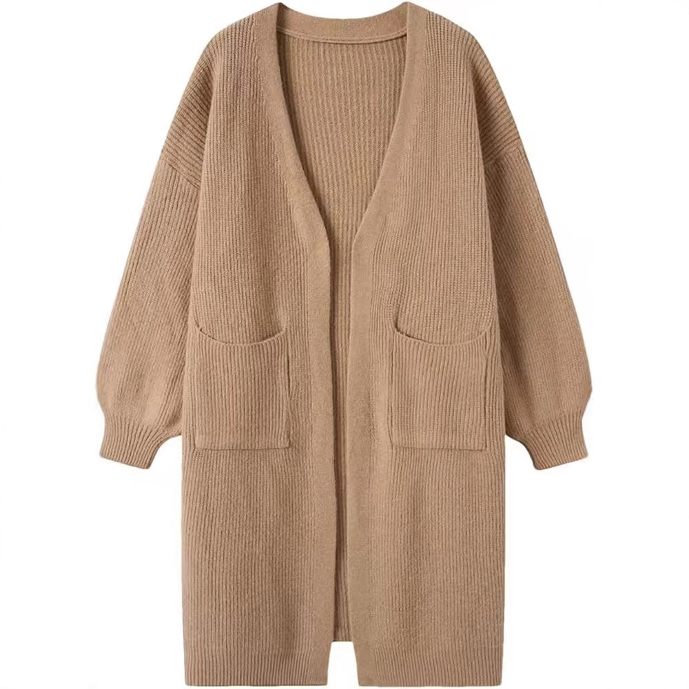 Women's Solid Color Pocket Open-Front Long Knit Cardigan Sweater Coat