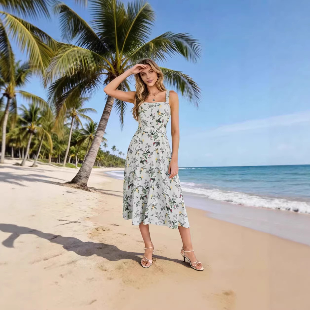 Women's Floral Print Sleeveless Midi Dress V-Neck Spaghetti Strap