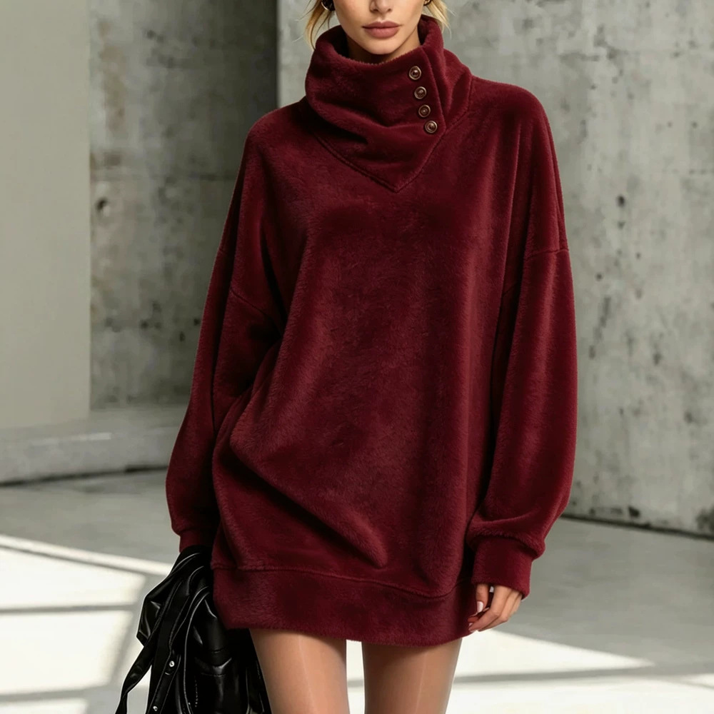 American Retro Button-Front Fleece Hoodie Women's Loose Mid-Length