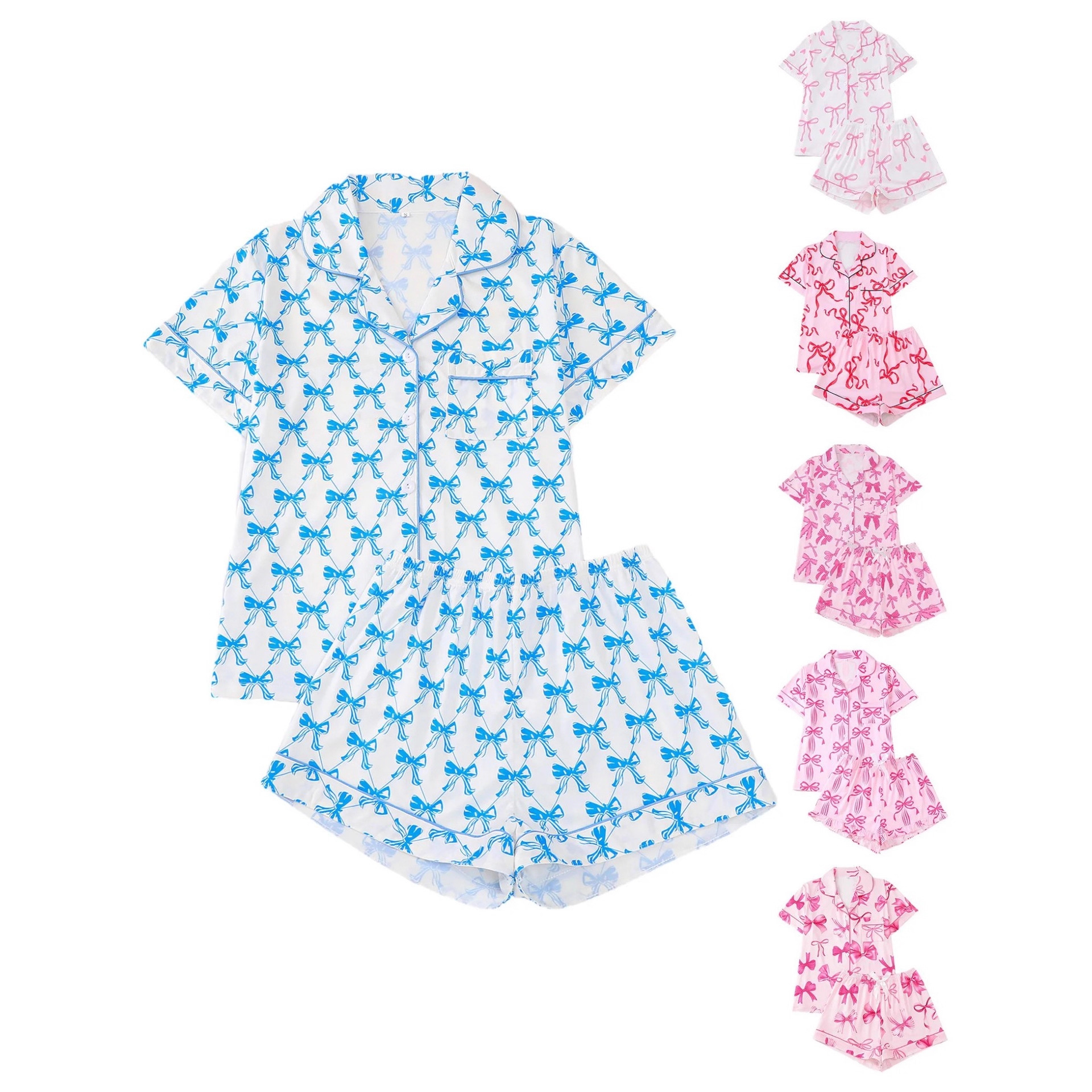 Women's Cuban Collar Short Sleeve Shirt Set with Ribbon Bow