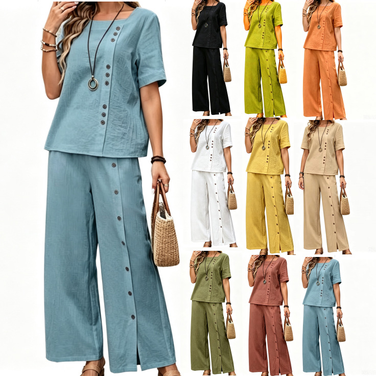 Cotton-Linen Two-Piece Set Short-Sleeve Button Top & Wide-Leg Pants