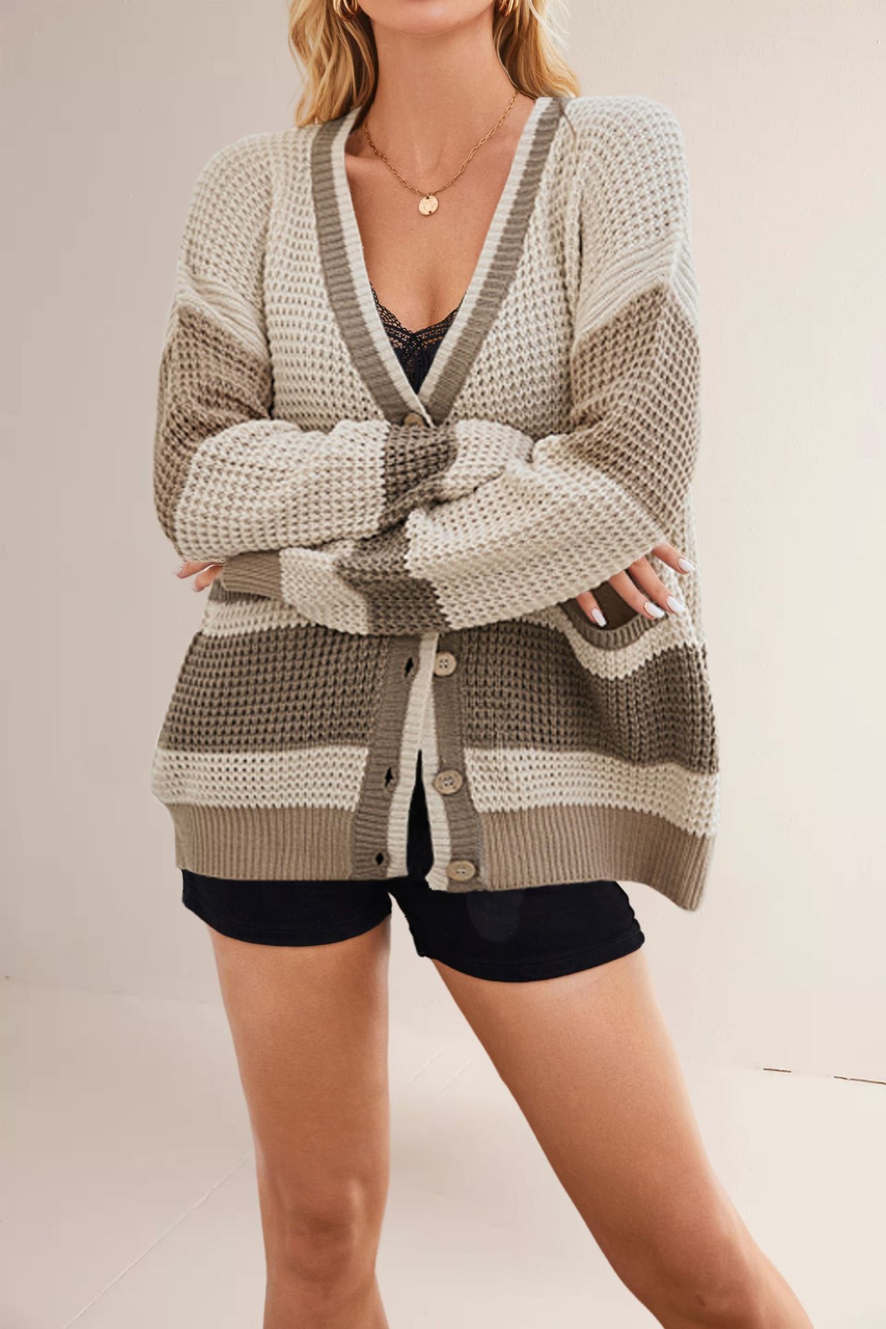 Women's V-Neck Colorblock Knit Cardigan with Pockets Plus Size