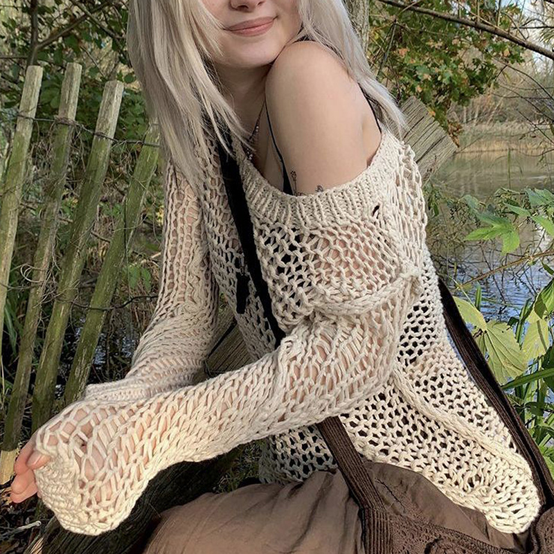 Women's Lightweight Fishnet Knit Top – Loose Batwing Sleeve V-Neck Pullover