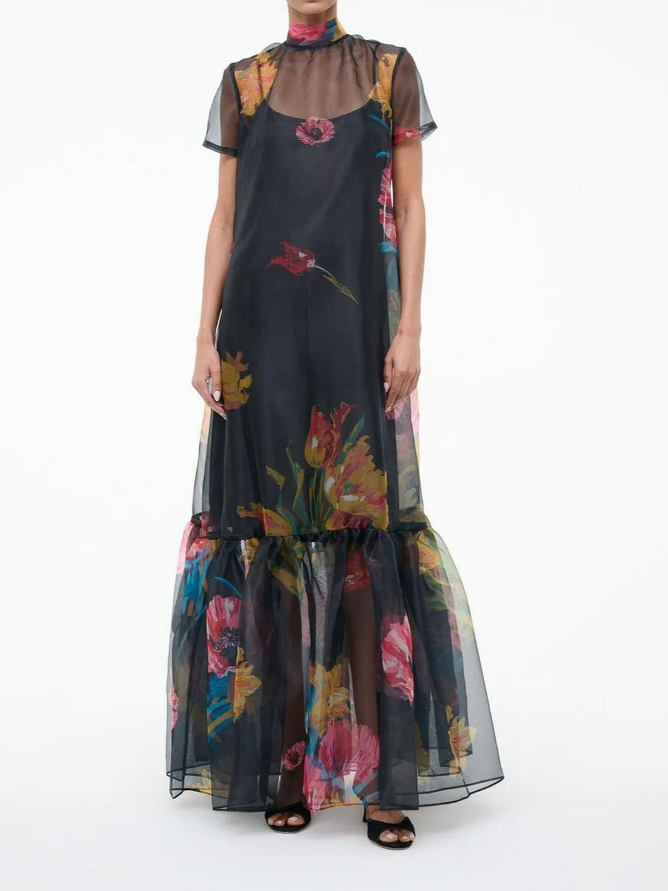 Printed Mesh Long Dress with Stand Collar Flowy Two-Piece Set
