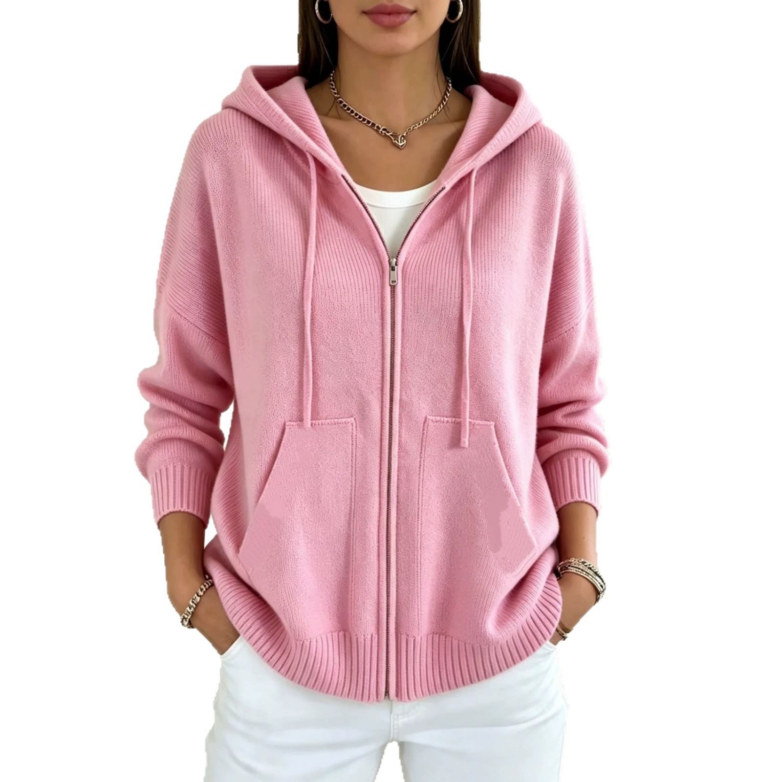 Women's Solid Hooded Zip-Up Knit Cardigan Loose Fit