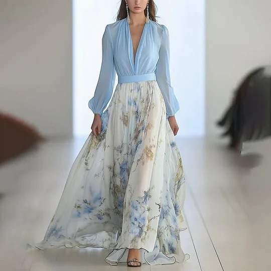 Floral Print Long Sleeve V-Neck A-Line Midi Dress