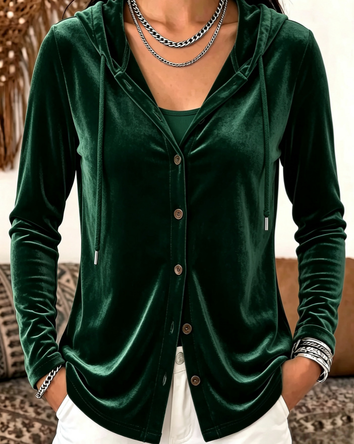 Button-Up Hooded Cardigan Jacket Gold Velvet Solid Color Casual Women's