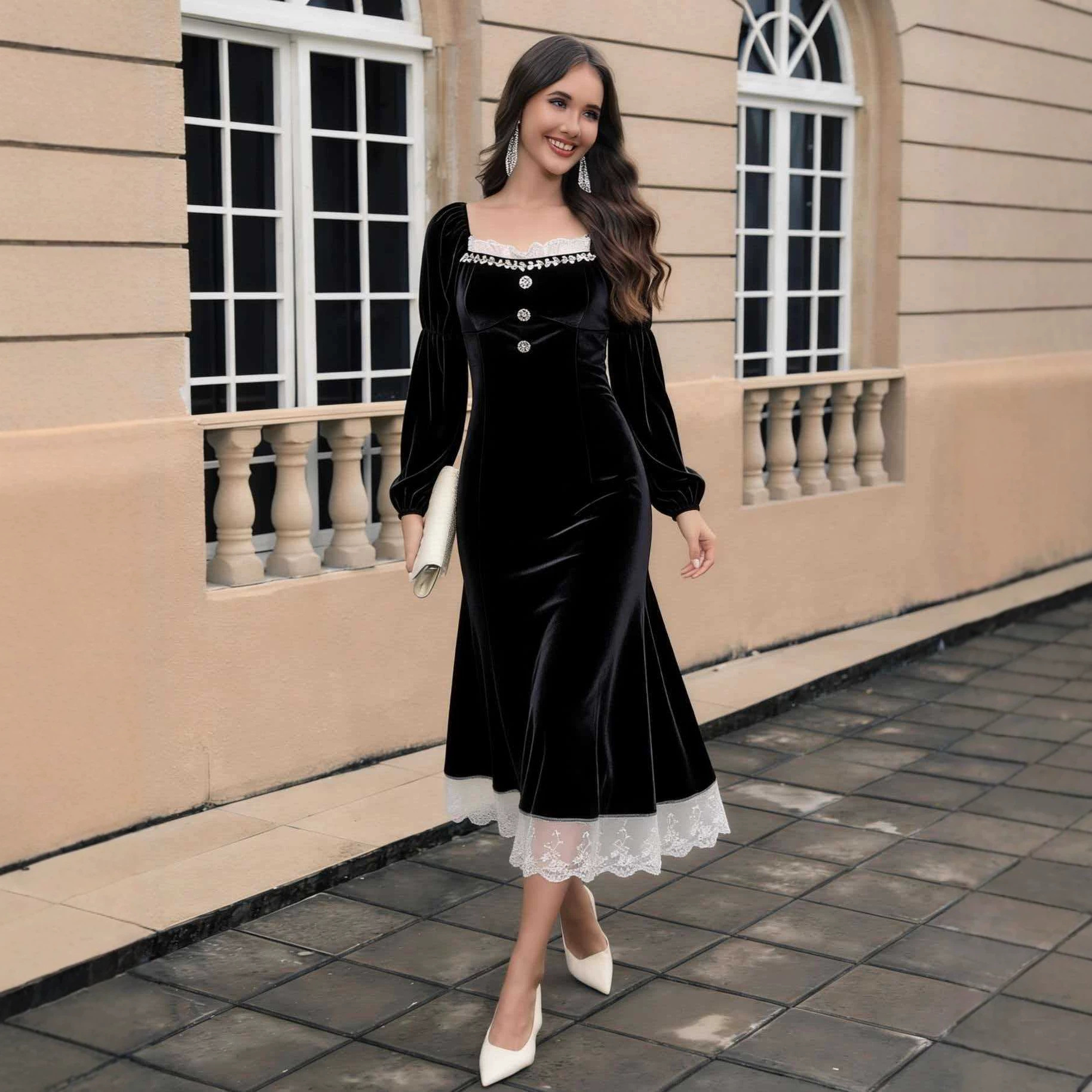 Women's Square Neck Velvet Midi Dress Long Sleeve Slim Fit
