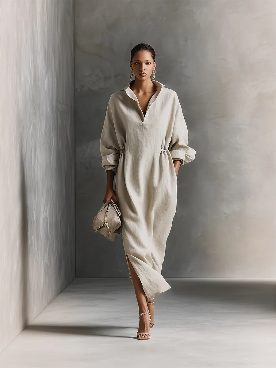 Elegant Long Sleeve V-Neck Slit A-Line Maxi Dress