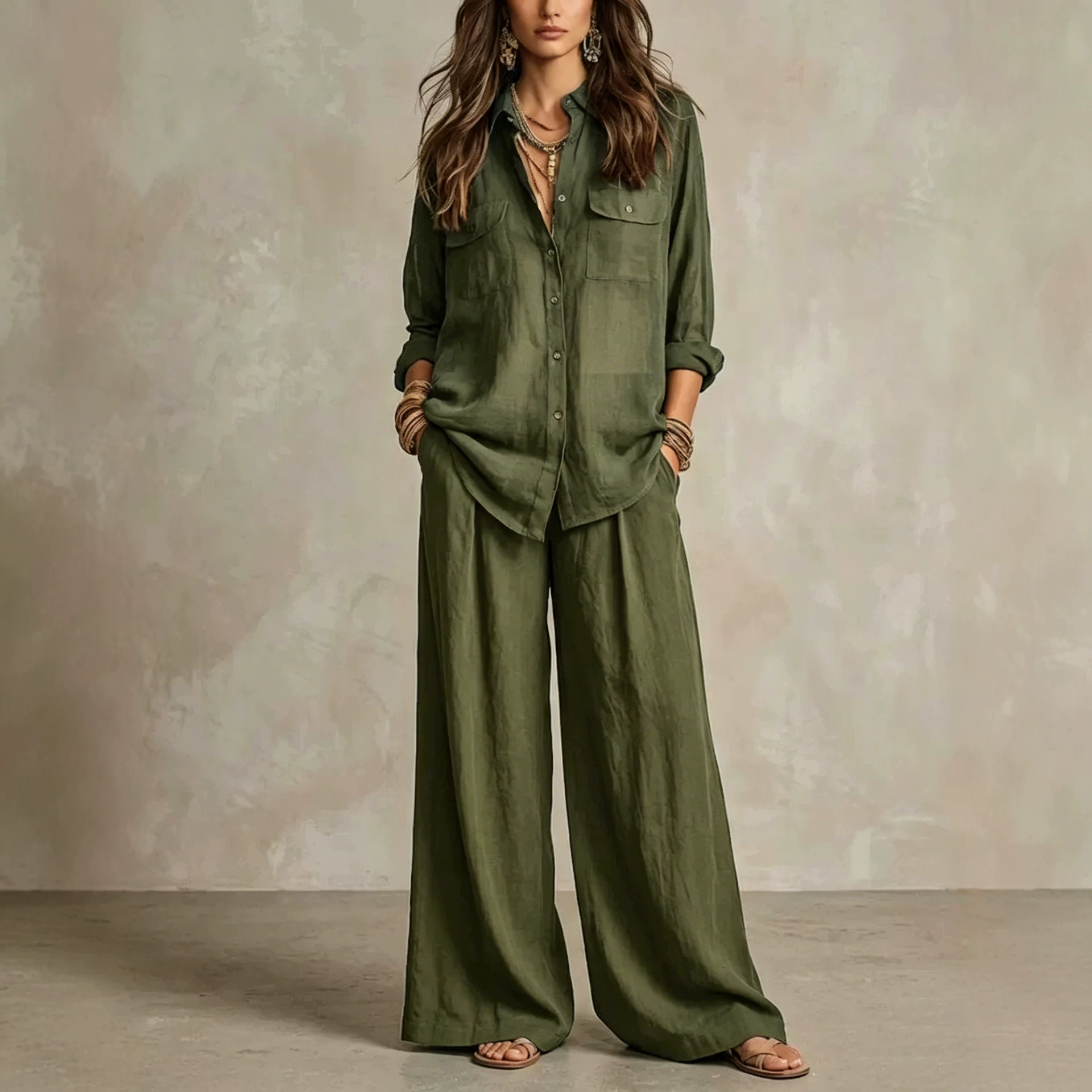 Women's Lightweight Long Sleeve Shirt and Wide-Leg Pants Set