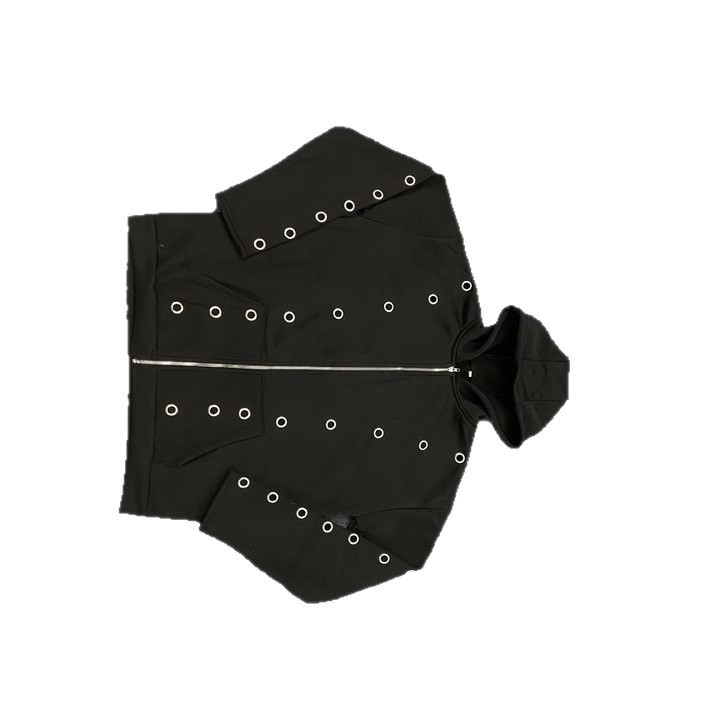 Unisex Loose Zip-Up Hoodie with Metal Ring Cutout and Eyelet Design