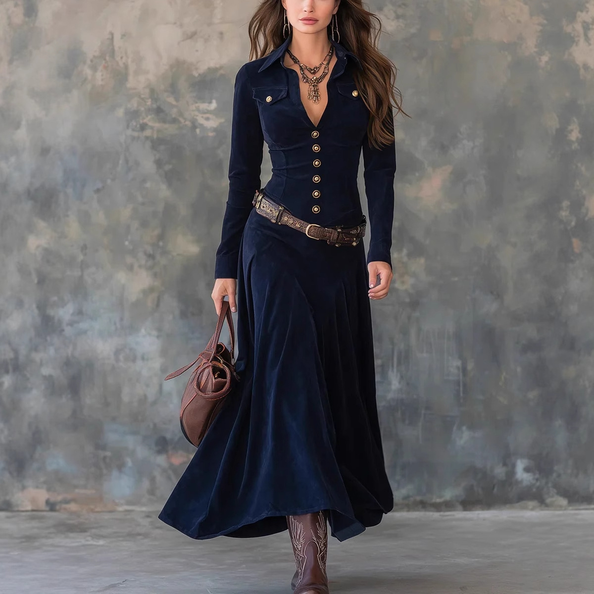 Button-Front Faux Suede Long Shirt Dress
