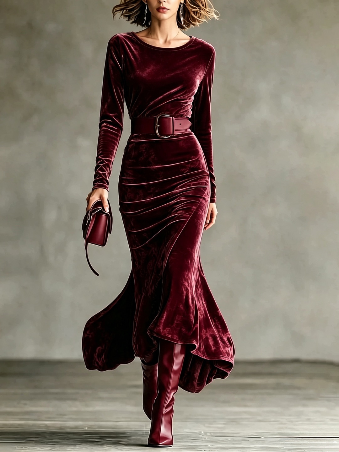 Elegant Velvet Long Sleeve Round Neck Slim Fit Mermaid Dress