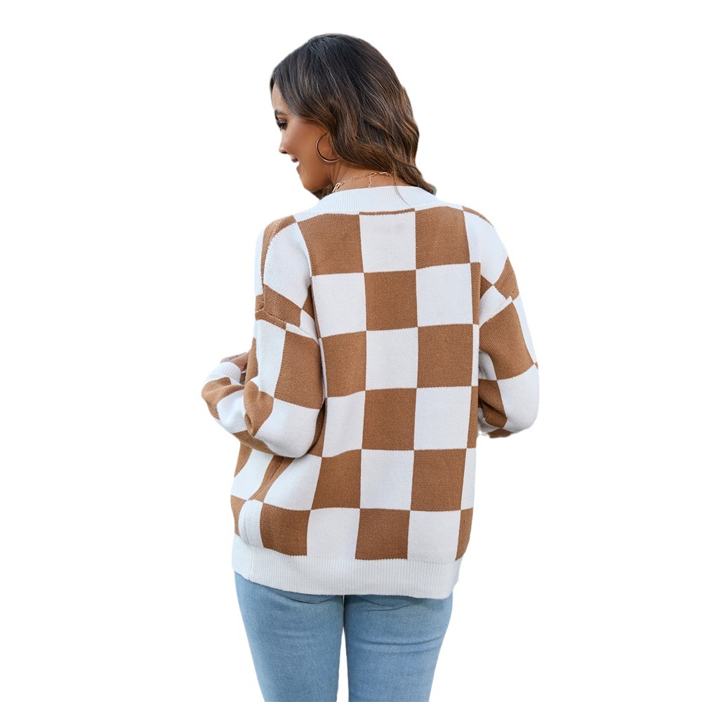 Plaid Color-Block Cardigan Sweater Women's Plus Size Knit Top