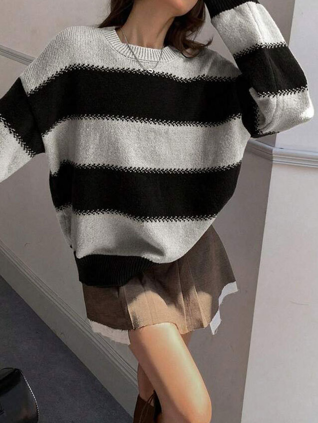 Striped Color-Block Long-Sleeve Knit Sweater Women's Crewneck Pullover
