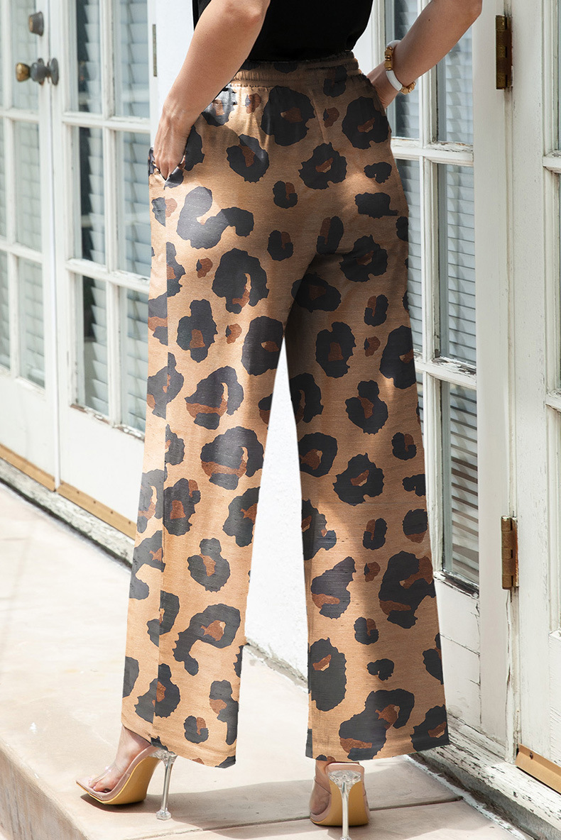 Leopard Print Wide-Leg Pants for Women High Waist Drawstring Casual Trousers