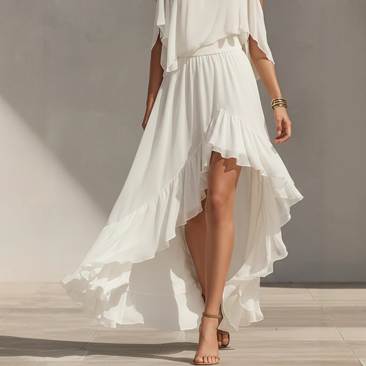 Flowy Ruffle High-Low Maxi Dress with Round Neck