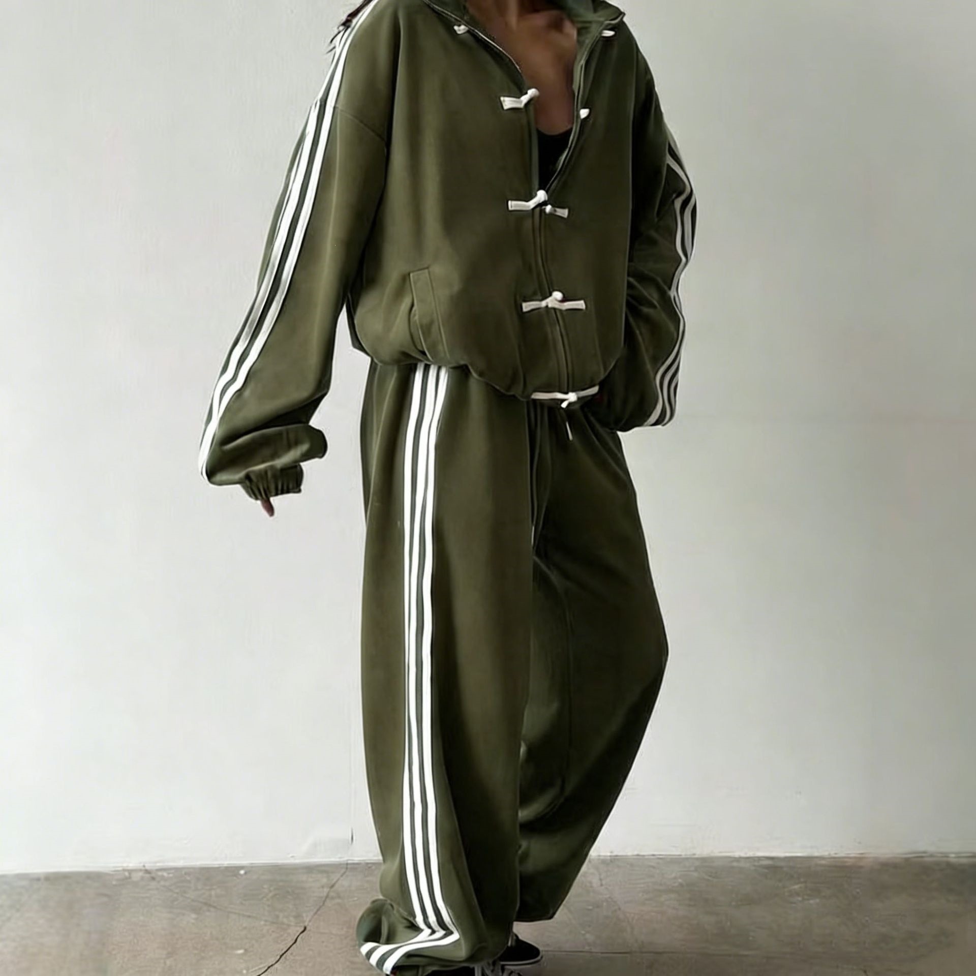 Retro Stand Collar Jacket & Wide-Leg Pants Set with Frog Buttons and Side Stripes