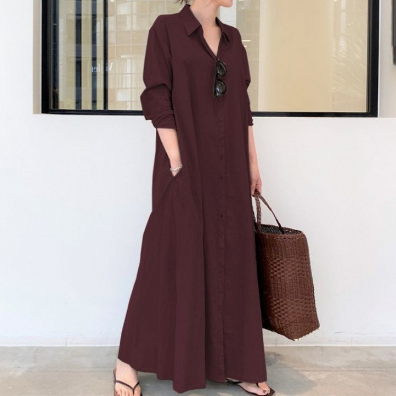 Solid Color Lapel Long Sleeve Pocketed Loose Long Shirt Dress