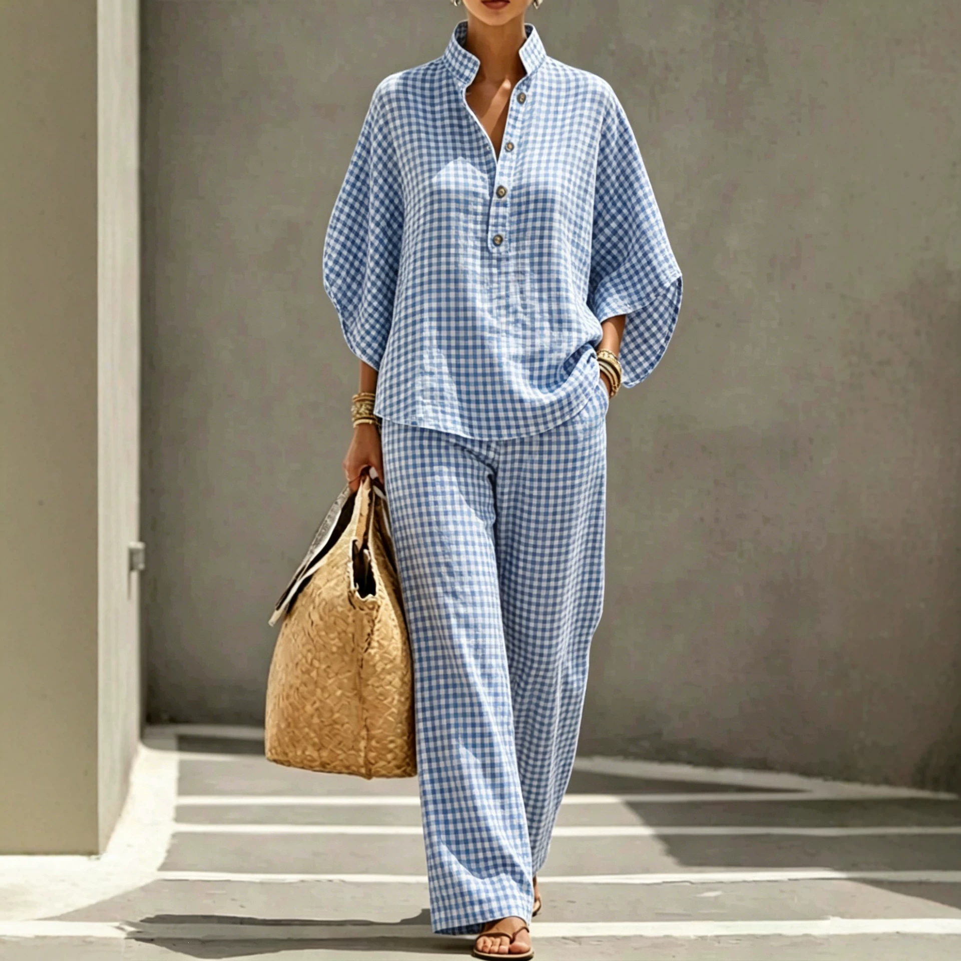 Women's Striped Plaid Print Long Sleeve Button Collared Top Set