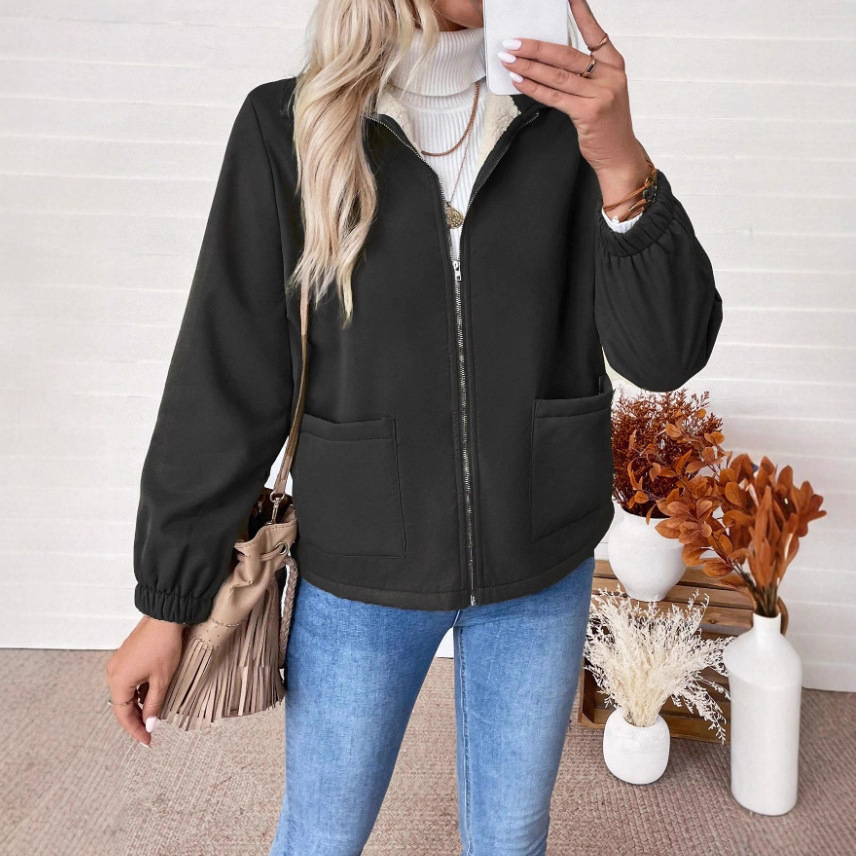 Women's Elegant Zip-Up Collared Pocket Short Jacket Bomber